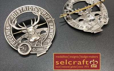 Metal badge reworked with love for Ellon & District Pipe Band