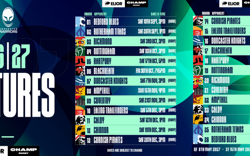 Worcester Warriors’ 2026/27 Champ fixture list revealed